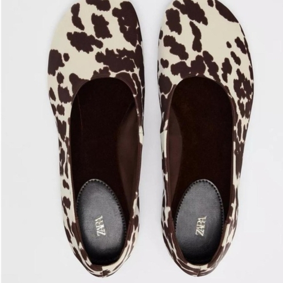 NWT Zara Satin Cow Animal Print Fabric Ballet Flats in Beige/Brown 7.5, 8 - Picture 2 of 7